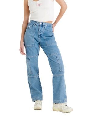 The Ragged Priest Combat Cargo Jeans Cyber Grunge Light Blue Denim Size 28